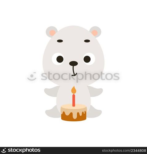 Cute little polar bear with birthday cake on white background. Cartoon animal character for kids cards, baby shower, invitation, poster, t-shirt composition, house interior. Vector stock illustration.