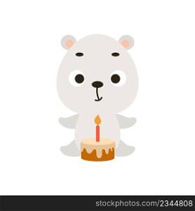 Cute little polar bear with birthday cake on white background. Cartoon animal character for kids cards, baby shower, invitation, poster, t-shirt composition, house interior. Vector stock illustration.