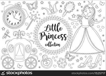 Cute little princess Cinderella set Coloring book page for kids. Collection of design element sketch outline style. Kids baby clip art funny smiling kit. Vector illustration.. Cute little princess Cinderella set Coloring book page for kids. Collection of design element sketch outline style. Kids baby clip art funny smiling kit. Vector illustration