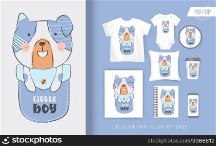 cute little puppy on pocket cartoon. design for merchandise