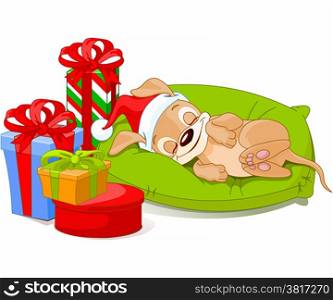 Cute little puppy with Santa?s Hat is sleeping near Christmas gifts.