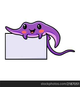 Cute little purple stingray cartoon with blank sign