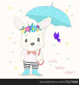 Cute little rabbit cartoon hold umbrella in hand on a rainy day. Hand drawn style