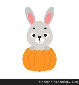 Cute little rabbit sitting in a pumpkin. Cartoon animal character for kids t-shirts, nursery decoration, baby shower, greeting card, invitation. Vector stock illustration