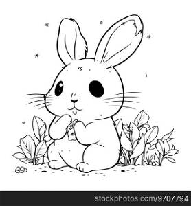 cute little rabbit sitting in the grass. black and white vector illustration