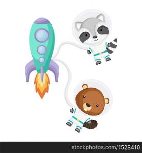 Cute little raccoon and beaver astronauts flying in open space. Graphic element for childrens book, album, scrapbook, postcard, invitation. Flat vector stock illustration isolated on white background.