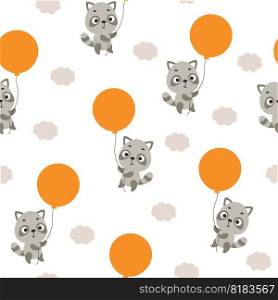 Cute little raccoon flying on balloon seamless childish pattern. Funny cartoon animal character for fabric, wrapping, textile, wallpaper, apparel. Vector illustration