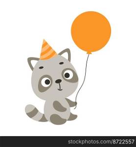 Cute little raccoon in birthday hat holding balloon. Cartoon animal character for kids t-shirt, nursery decoration, baby shower, greeting card, house interior. Vector stock illustration