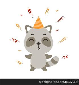 Cute little raccoon in birthday hat on white background. Cartoon animal character for kids t-shirt, nursery decoration, baby shower, greeting card, house interior. Vector stock illustration