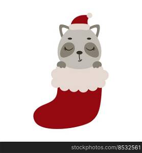 Cute little raccoon in Christmas sock. Cartoon animal character for kids cards, baby shower, invitation, poster, t-shirt composition, house interior. Vector stock illustration.