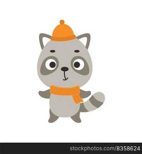 Cute little raccoon in hat and scarf. Cartoon animal character for kids t-shirts, nursery decoration, baby shower, greeting card, invitation, house interior. Vector stock illustration