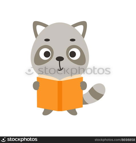 Cute little raccoon reading book on white background. Cartoon animal character for kids t-shirt, nursery decoration, baby shower, greeting card, house interior. Vector stock illustration