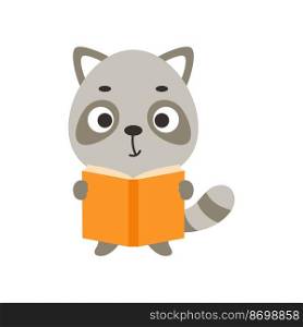 Cute little raccoon reading book on white background. Cartoon animal character for kids t-shirt, nursery decoration, baby shower, greeting card, house interior. Vector stock illustration