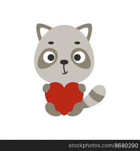 Cute little raccoon sitting and holding heart on white background. Cartoon animal character for kids t-shirt, nursery decoration, baby shower, greeting card, house interior. Vector stock illustration