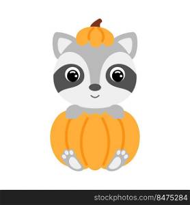 Cute little raccoon sitting in a pumpkin. Cartoon animal character for kids t-shirts, nursery decoration, baby shower, greeting card, invitation. Vector stock illustration