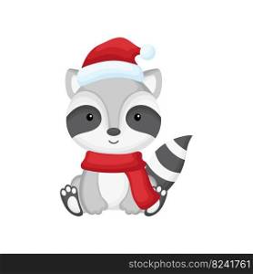 Cute little raccoon sitting in a Santa hat and red scarf. Cartoon animal character for kids t-shirts, nursery decoration, baby shower, greeting card, invitation. Isolated vector stock illustration