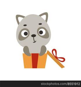 Cute little raccoon sitting in gift box. Cartoon animal character for kids t-shirts, nursery decoration, baby shower, greeting cards, invitations, house interior. Vector stock illustration.