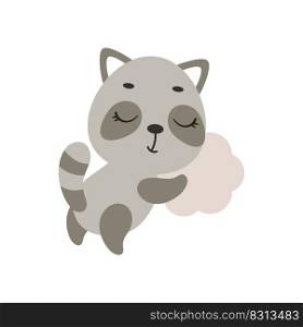Cute little raccoon sleeping on cloud. Cartoon animal character for kids t-shirt, nursery decoration, baby shower, greeting cards, invitations, house interior. Vector stock illustration