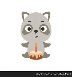Cute little raccoon with birthday cake on white background. Cartoon animal character for kids cards, baby shower, invitation, poster, t-shirt composition, house interior. Vector stock illustration