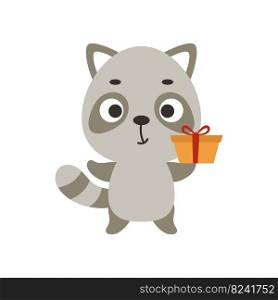 Cute little raccoon with gift box on white background. Cartoon animal character for kids t-shirt, nursery decoration, baby shower, greeting card, invitation, house interior. Vector stock illustration