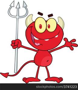Cute Little Red Devil Holding Up A Pitchfork