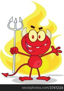 Cute Little Red Devil With A Pitchfork In Front Fire