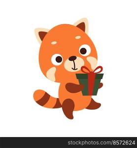 Cute little red panda carries gift box on white background. Cartoon animal character for kids t-shirts, nursery decoration, baby shower, greeting card, house interior. Vector stock illustration