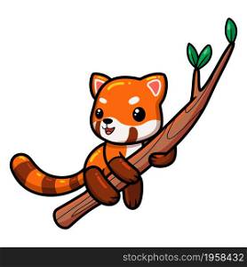 Cute little red panda cartoon on tree branch