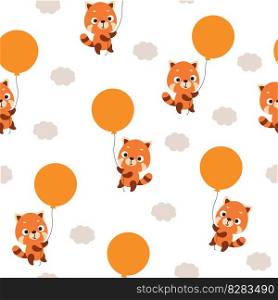 Cute little red panda flying on balloon seamless childish pattern. Funny cartoon animal character for fabric, wrapping, textile, wallpaper, apparel. Vector illustration