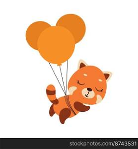 Cute little red panda flying on balloons. Cartoon animal character for kids t-shirts, nursery decoration, baby shower, greeting card, invitation, house interior. Vector stock illustration