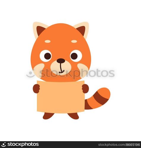Cute little red panda holding paper sheet on white background. Cartoon animal character for kids t-shirt, nursery decoration, baby shower, greeting card, house interior. Vector stock illustration