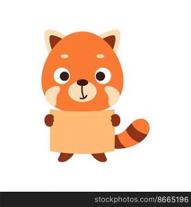 Cute little red panda holding paper sheet on white background. Cartoon animal character for kids t-shirt, nursery decoration, baby shower, greeting card, house interior. Vector stock illustration