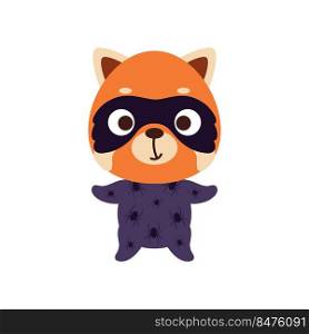 Cute little red panda in a Halloween costume. Cartoon animal character for kids t-shirts, nursery decoration, baby shower, greeting card, invitation, house interior. Vector stock illustration