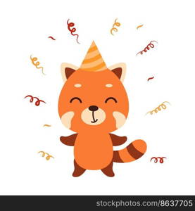 Cute little red panda in birthday hat on white background. Cartoon animal character for kids t-shirt, nursery decoration, baby shower, greeting card, house interior. Vector stock illustration