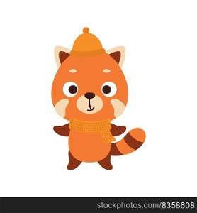 Cute little red panda in hat and scarf. Cartoon animal character for kids t-shirts, nursery decoration, baby shower, greeting card, invitation, house interior. Vector stock illustration