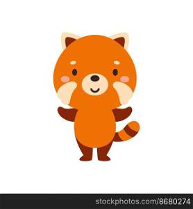 Cute little red panda on white background. Cartoon animal character for kids cards, baby shower, invitation, poster, t-shirt composition, house interior. Vector stock illustration