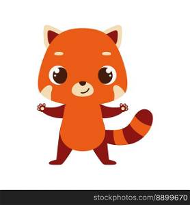 Cute little red panda on white background. Cartoon animal character for kids cards, baby shower, invitation, poster, t-shirt composition, house interior. Vector stock illustration