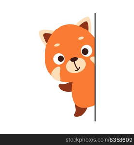 Cute little red panda peeking around corner on white background. Cartoon animal character for kids t-shirt, nursery decoration, baby shower, greeting card, house interior. Vector stock illustration