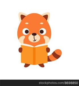 Cute little red panda reading book on white background. Cartoon animal character for kids t-shirt, nursery decoration, baby shower, greeting card, house interior. Vector stock illustration