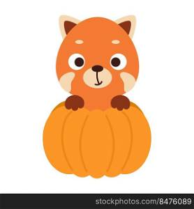 Cute little red panda sitting in a pumpkin. Cartoon animal character for kids t-shirts, nursery decoration, baby shower, greeting card, invitation. Vector stock illustration