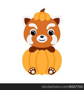 Cute little red panda sitting in a pumpkin. Cartoon animal character for kids t-shirts, nursery decoration, baby shower, greeting card, invitation. Vector stock illustration