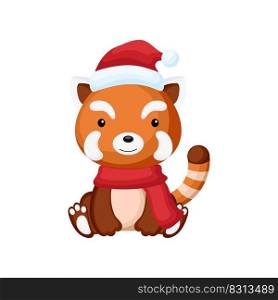 Cute little red panda sitting in a Santa hat and red scarf. Cartoon animal character for kids t-shirts, nursery decoration, baby shower, greeting card, invitation. Isolated vector stock illustration