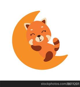 Cute little red panda sleeping on moon. Cartoon animal character for kids t-shirt, nursery decoration, baby shower, greeting cards, invitations, house interior. Vector stock illustration