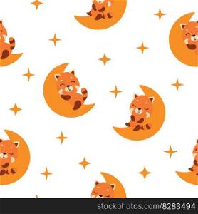 Cute little red panda sleeping on moon seamless childish pattern. Funny cartoon animal character for fabric, wrapping, textile, wallpaper, apparel. Vector illustration