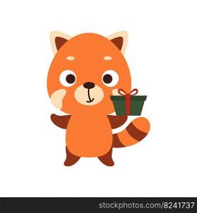 Cute little red panda with gift box on white background. Cartoon animal character for kid t-shirt, nursery decoration, baby shower, greeting card, invitation, house interior. Vector stock illustration