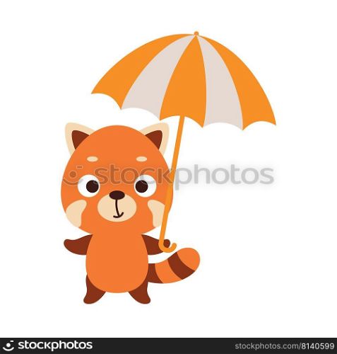Cute little red panda with umbrella. Cartoon animal character for kids t-shirts, nursery decoration, baby shower, greeting card, invitation, house interior. Vector stock illustration