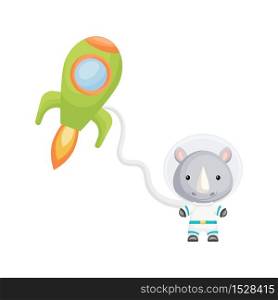 Cute little rhino astronauts flying in open space. Graphic element for childrens book, album, scrapbook, postcard, invitation. Flat vector stock illustration isolated on white background.
