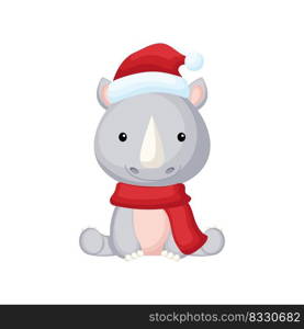 Cute little rhino sitting in a Santa hat and red scarf. Cartoon animal character for kids t-shirts, nursery decoration, baby shower, greeting card, invitation. Isolated vector stock illustration