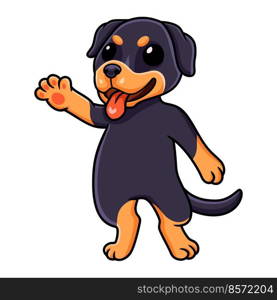 Cute little rottweiler dog cartoon waving  hand
