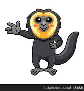Cute little saki monkey cartoon waving hand
